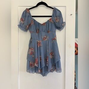 Inspired Hearts Dusty Blue Floral Romper Size Small? Puff Sleeve Boho Chic